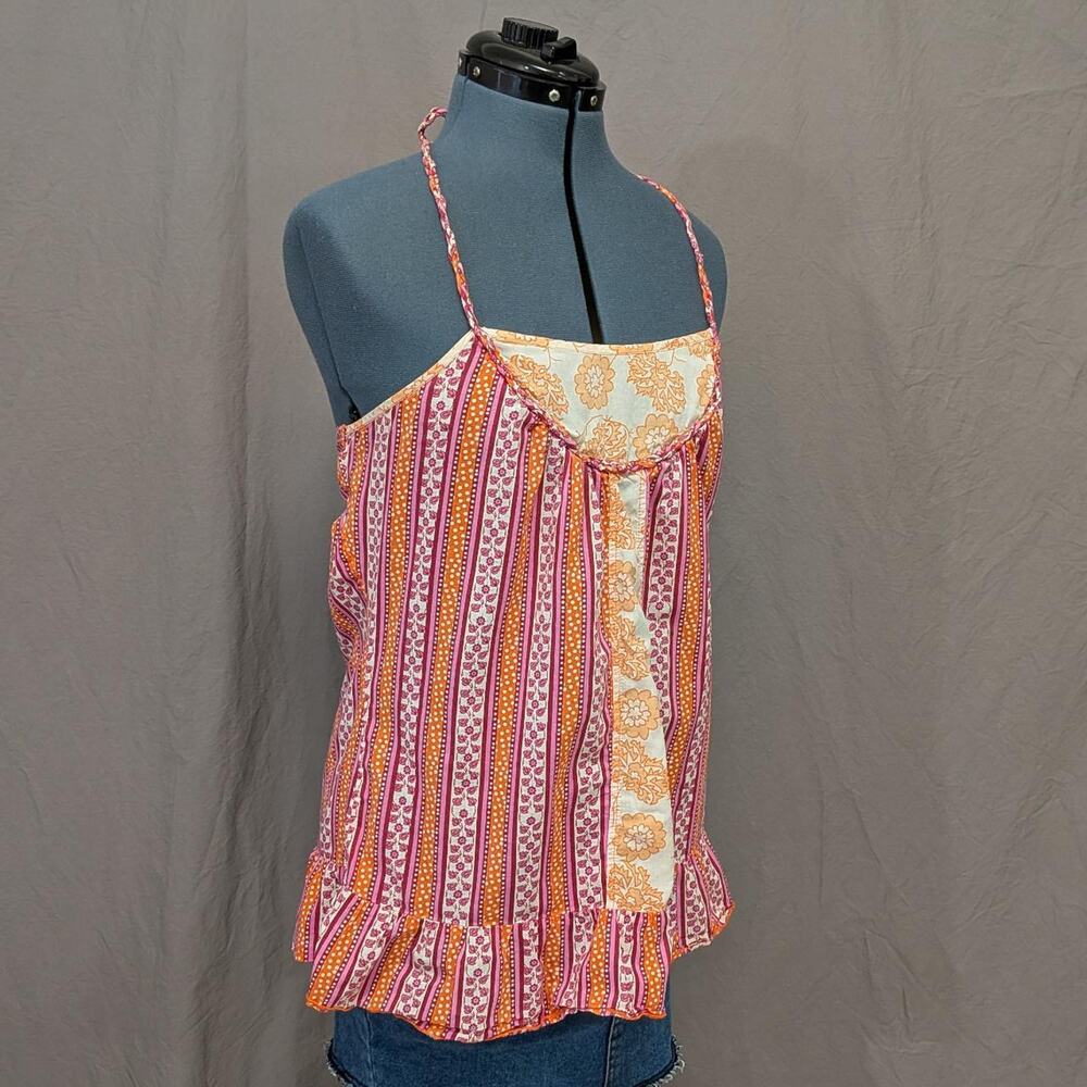 Decree striped floral cotton halter top, size L